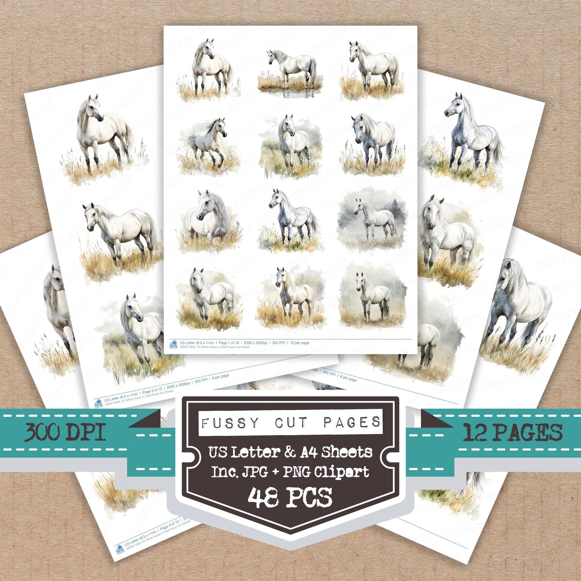 White Horse in Field fussy cut printable sheets for junk journaling, scrapbooking, and paper craft projects