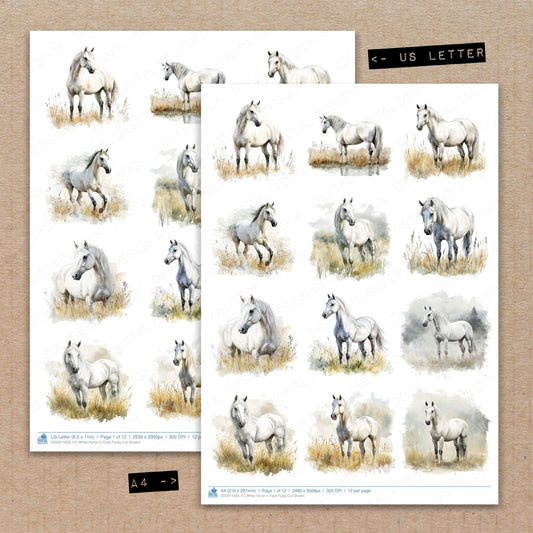 A4 and US Letter format comparison showing White Horse in Field fussy cut pages for print and cut crafting