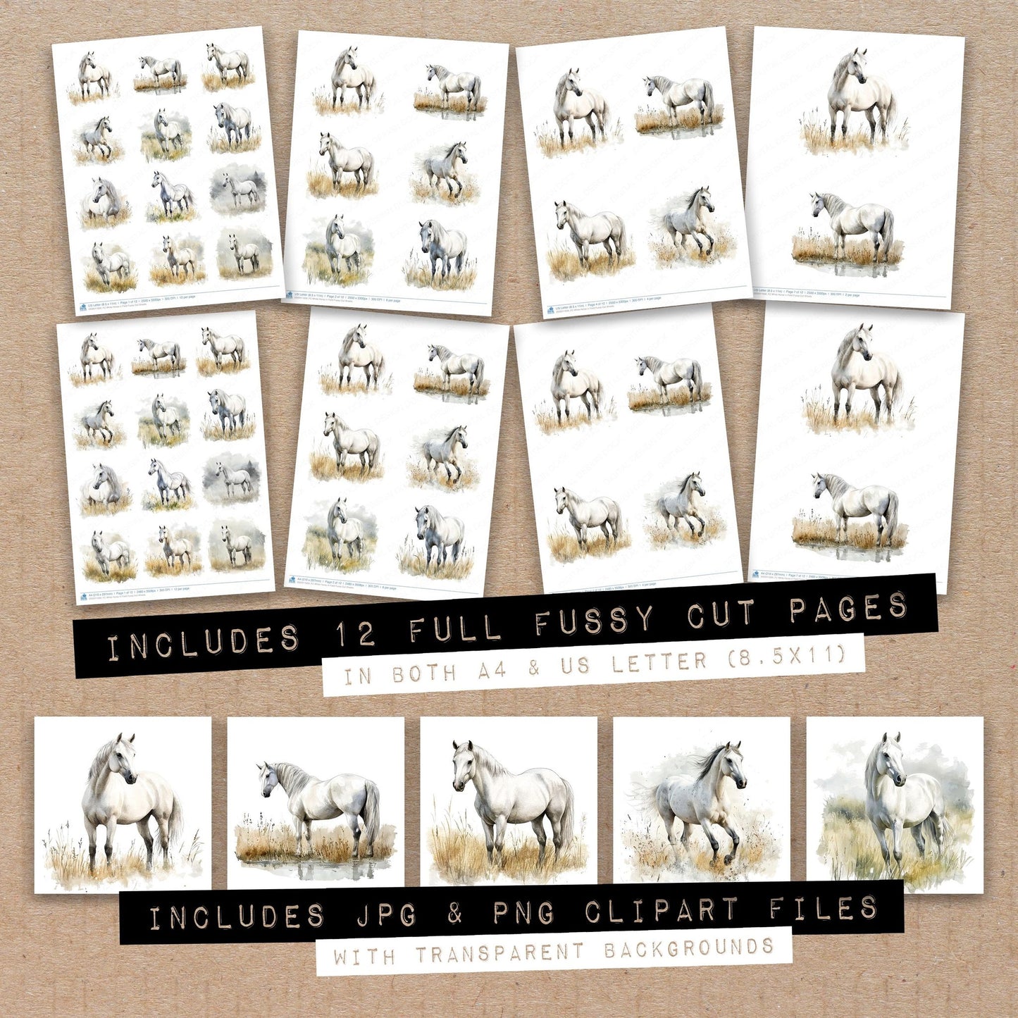 Full collection view of White Horse in Field fussy cut sheets with bonus clipart JPG and PNG files