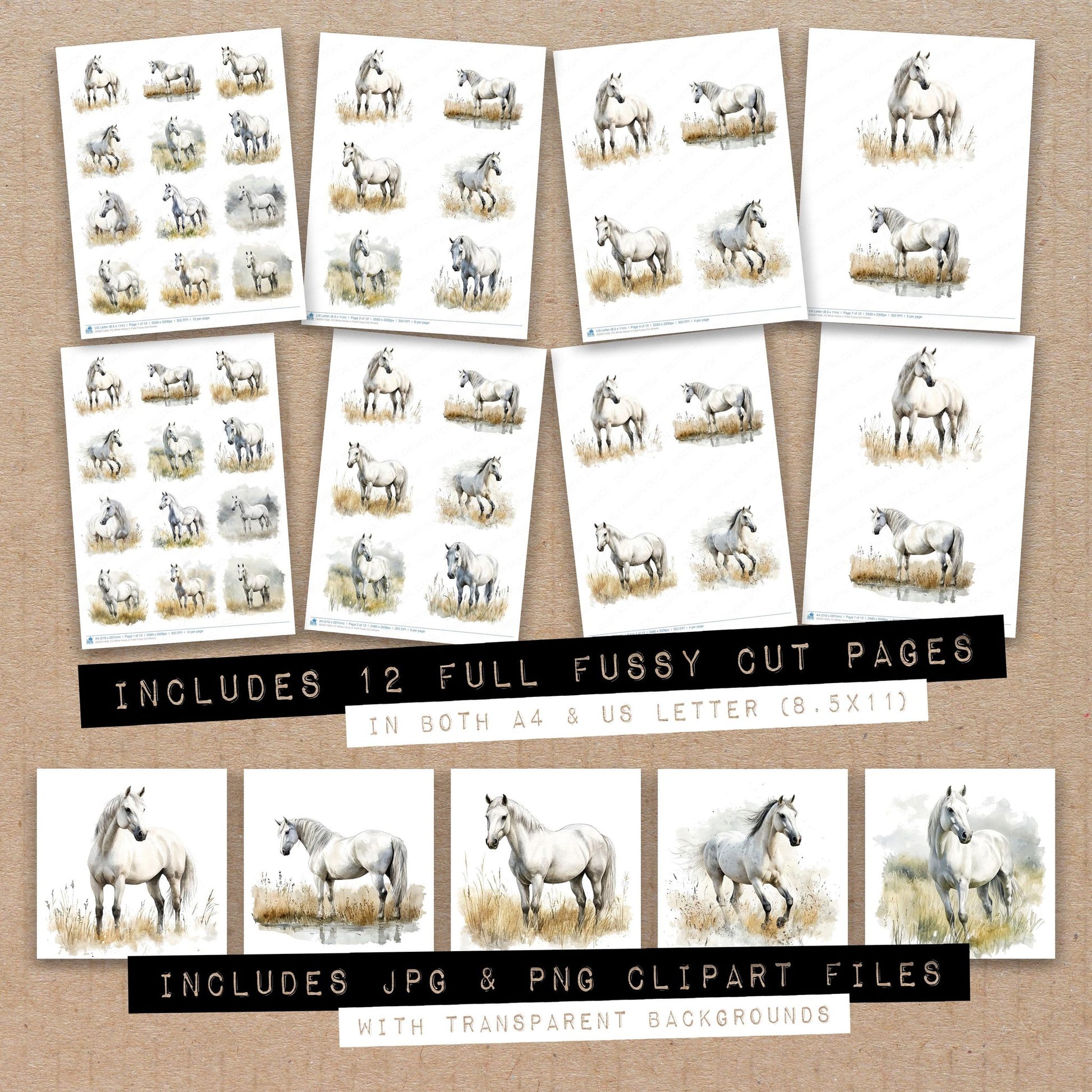Full collection view of White Horse in Field fussy cut sheets with bonus clipart JPG and PNG files