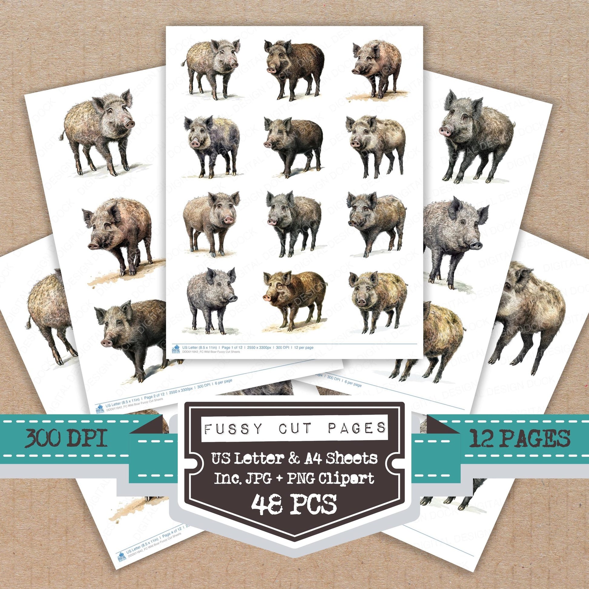 Wild Boar fussy cut printable sheets for junk journaling, scrapbooking, and paper craft projects