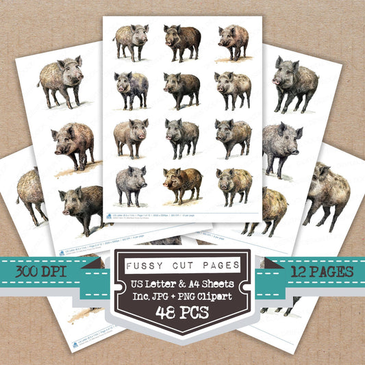 Wild Boar fussy cut printable sheets for junk journaling, scrapbooking, and paper craft projects