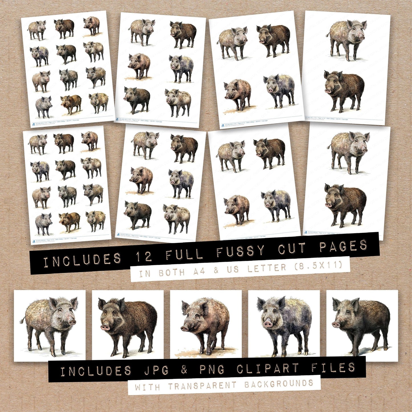 Full collection view of Wild Boar fussy cut sheets with bonus clipart JPG and PNG files
