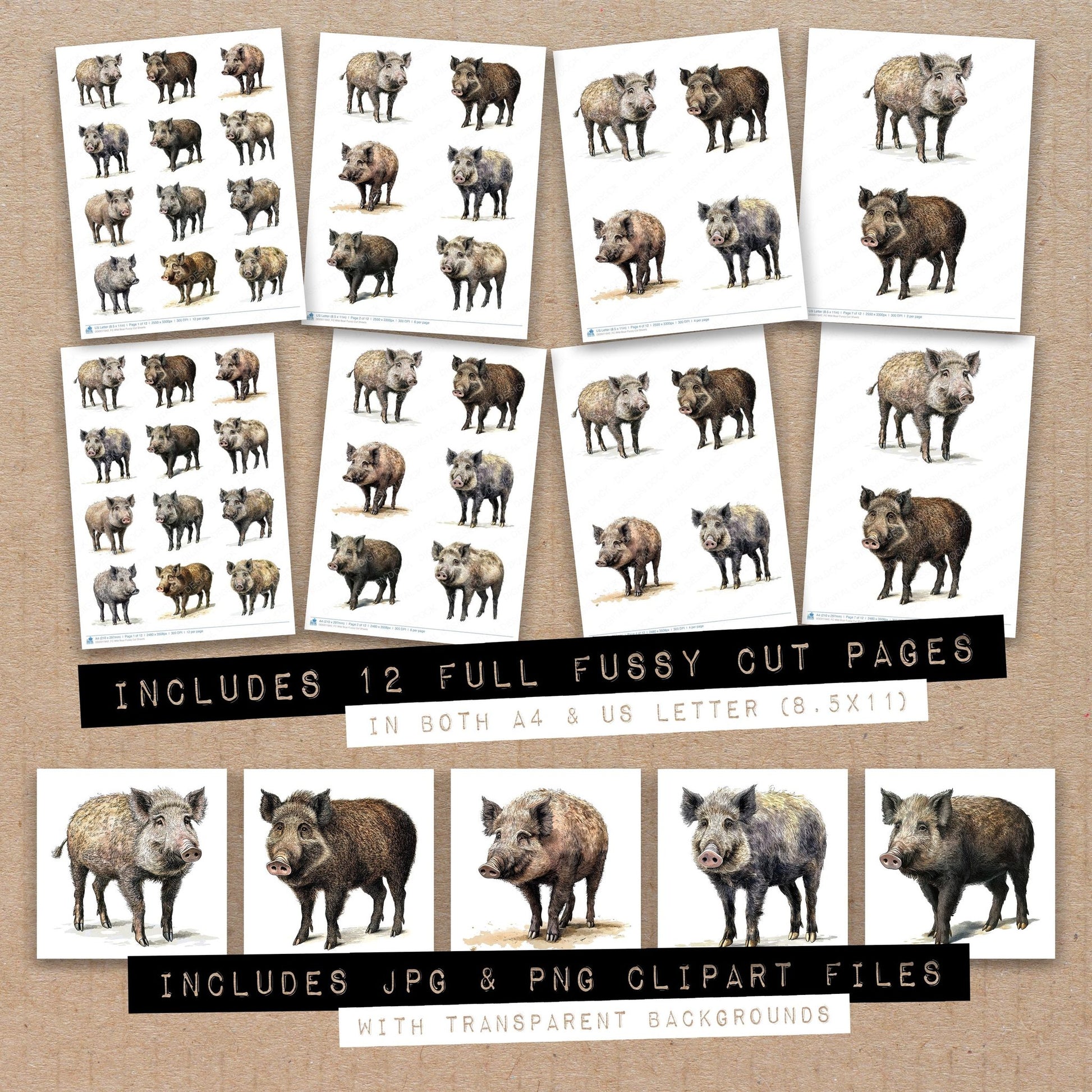 Full collection view of Wild Boar fussy cut sheets with bonus clipart JPG and PNG files