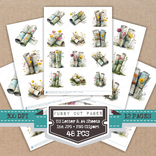 Wildflower Adventure Map fussy cut printable sheets for junk journaling, scrapbooking, and paper craft projects