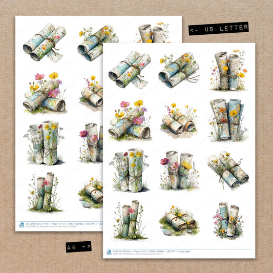 A4 and US Letter format comparison showing Wildflower Adventure Map fussy cut pages for print and cut crafting