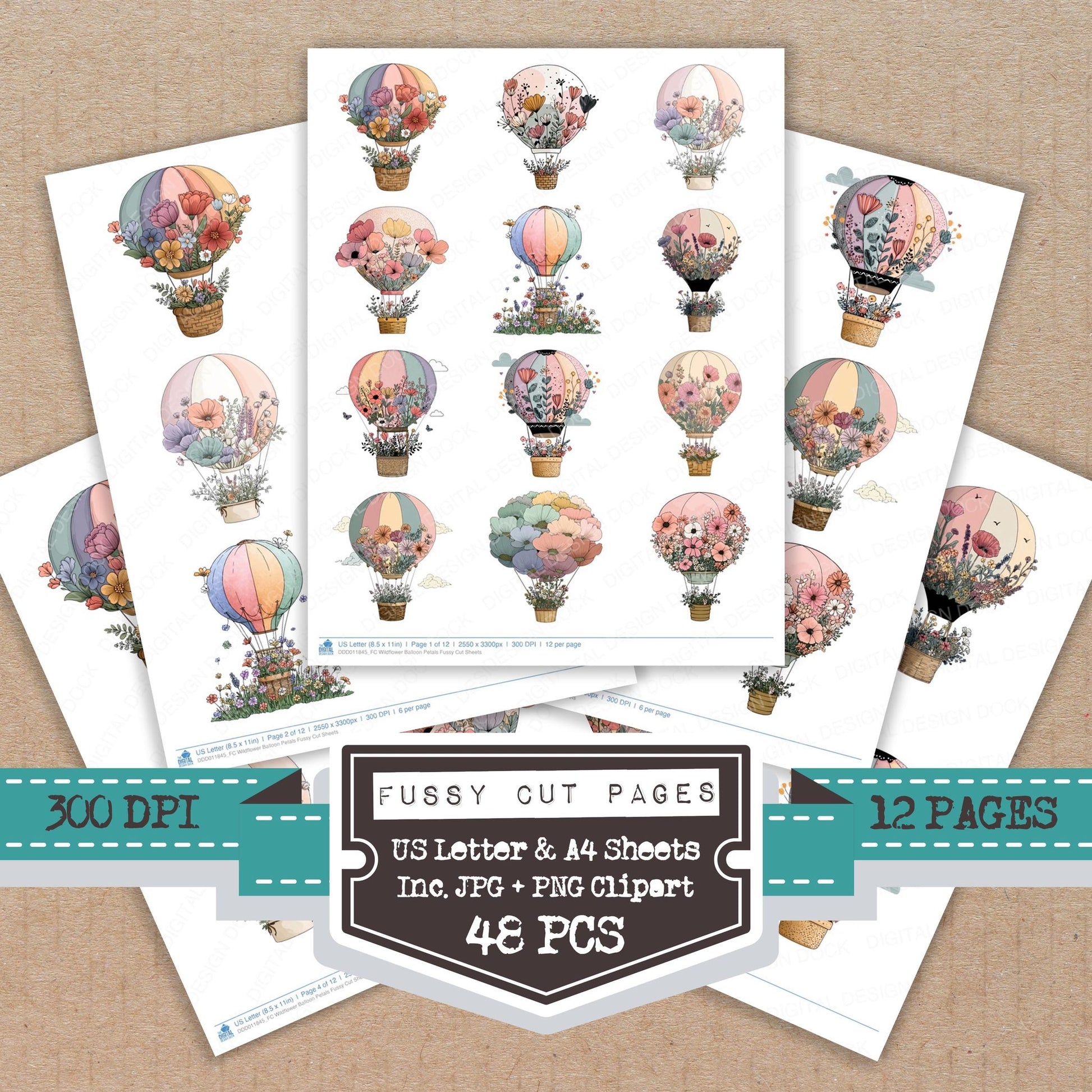 Wildflower Balloon Petals fussy cut printable sheets for junk journaling, scrapbooking, and paper craft projects