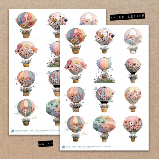 A4 and US Letter format comparison showing Wildflower Balloon Petals fussy cut pages for print and cut crafting
