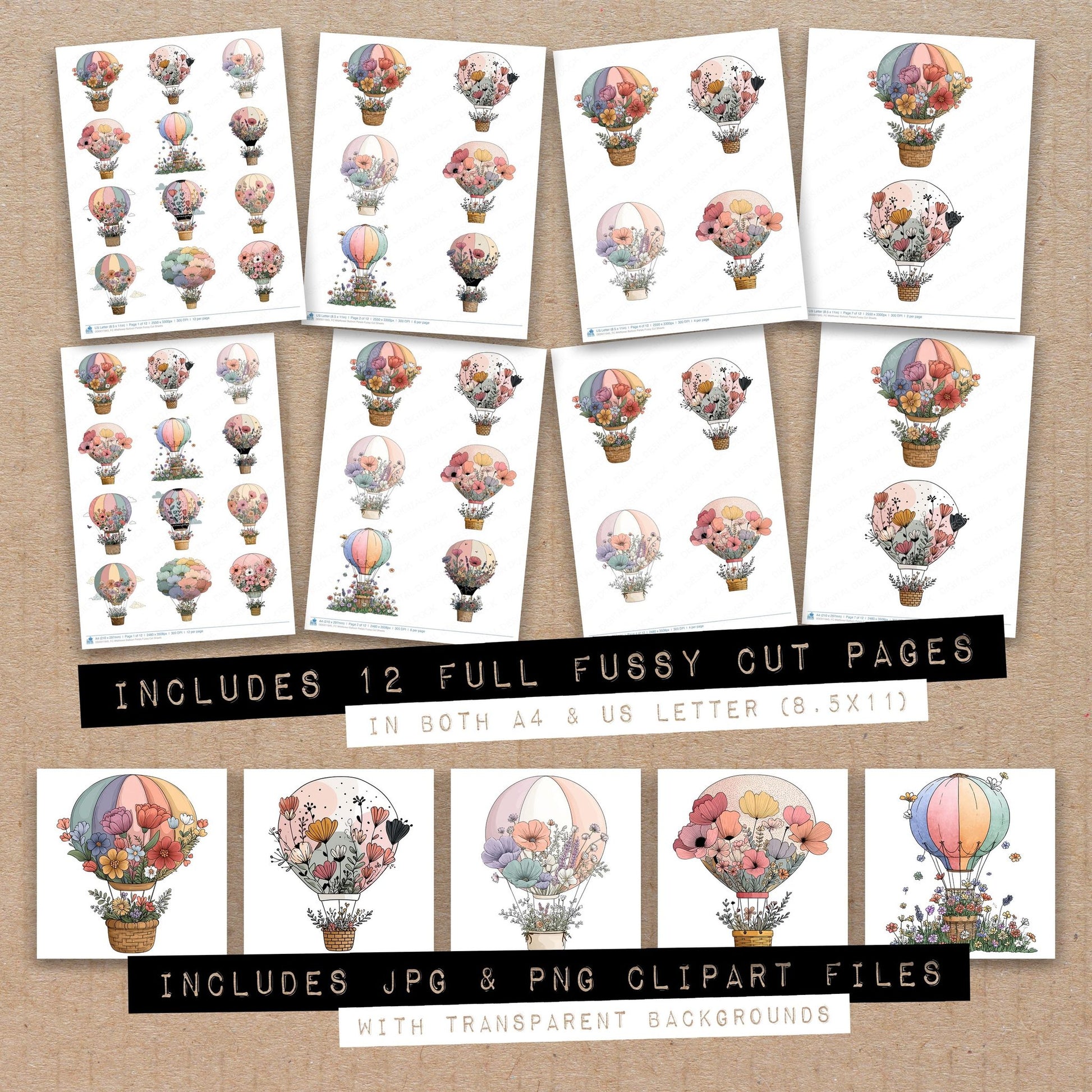 Full collection view of Wildflower Balloon Petals fussy cut sheets with bonus clipart JPG and PNG files