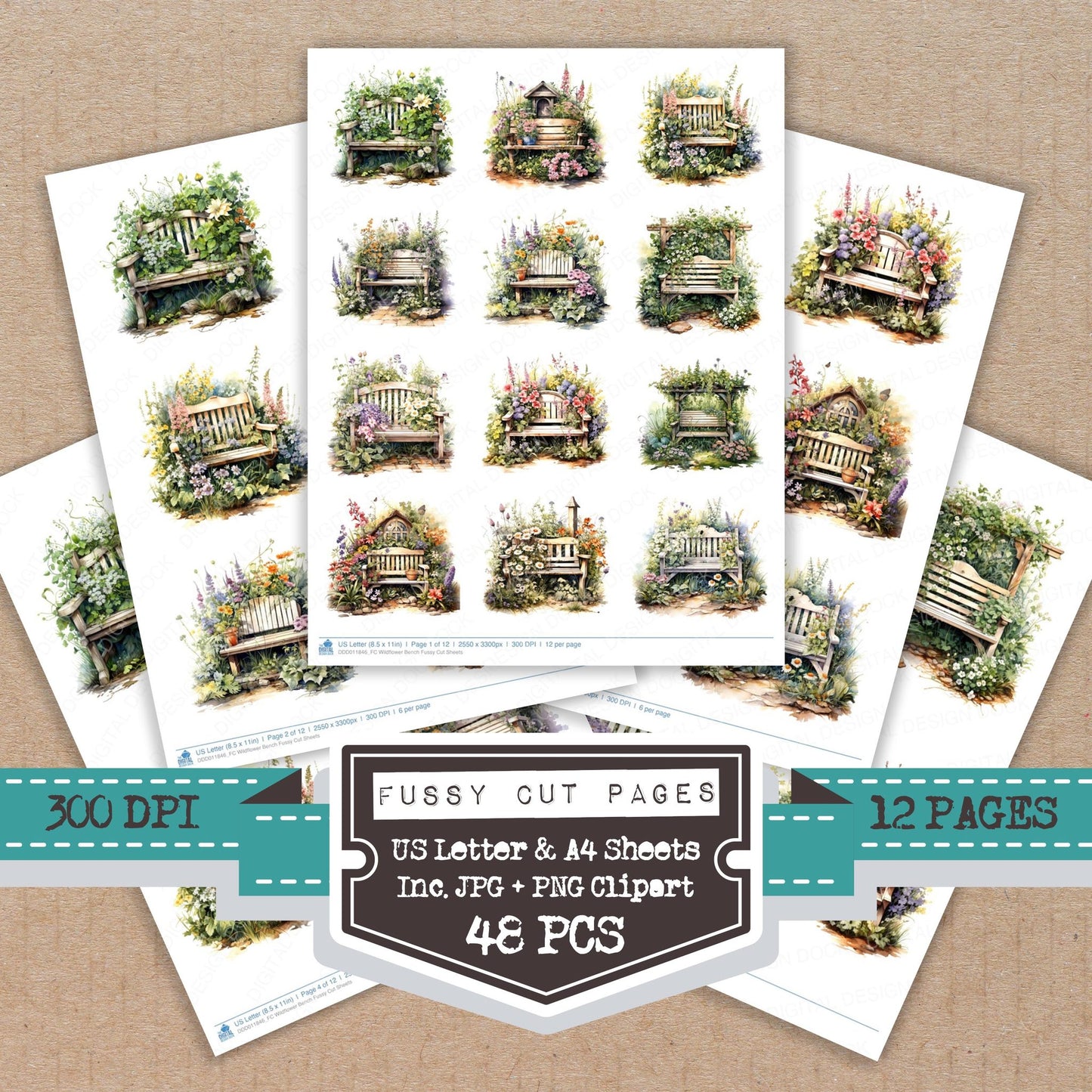 Wildflower Bench fussy cut printable sheets for junk journaling, scrapbooking, and paper craft projects