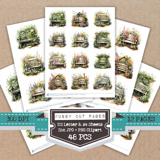 Wildflower Bench fussy cut printable sheets for junk journaling, scrapbooking, and paper craft projects