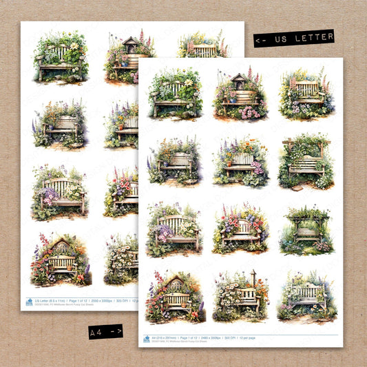 A4 and US Letter format comparison showing Wildflower Bench fussy cut pages for print and cut crafting