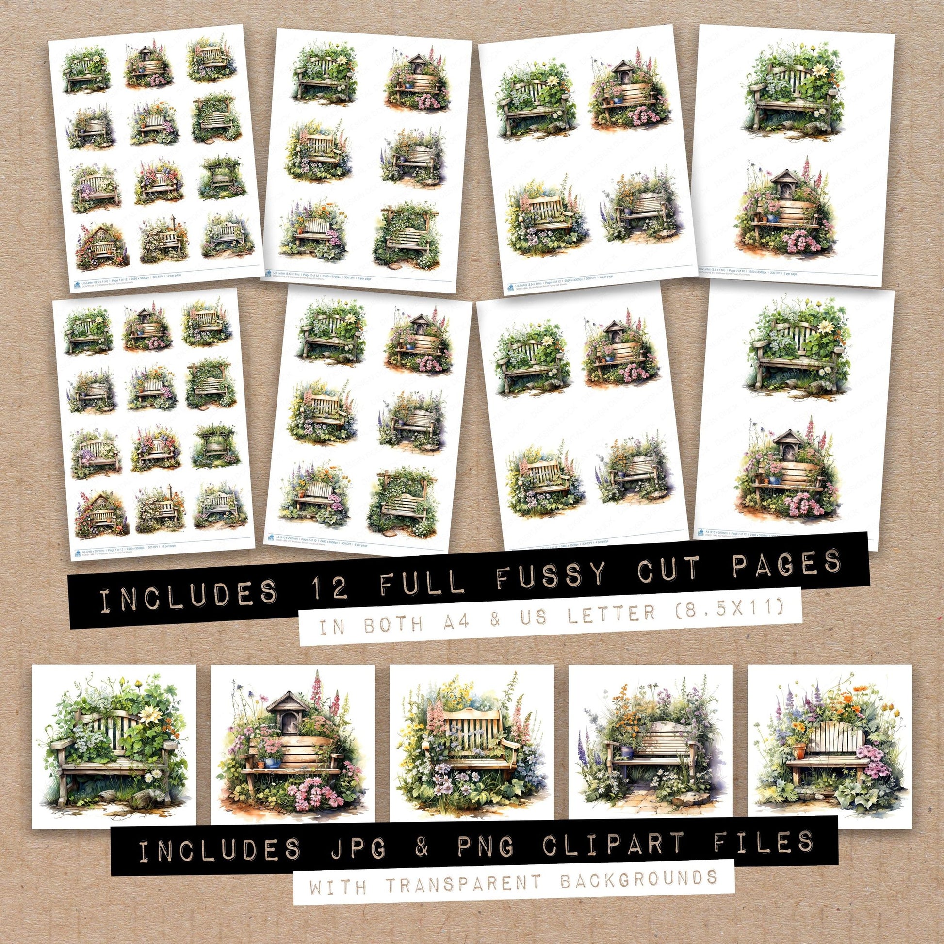 Full collection view of Wildflower Bench fussy cut sheets with bonus clipart JPG and PNG files