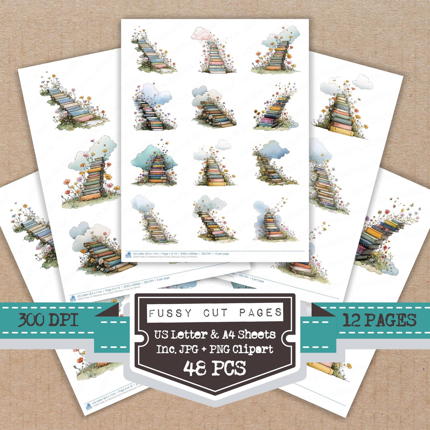 Wildflower Book Dream Staircase fussy cut printable sheets for junk journaling, scrapbooking, and paper craft projects