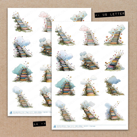 A4 and US Letter format comparison showing Wildflower Book Dream Staircase fussy cut pages for print and cut crafting