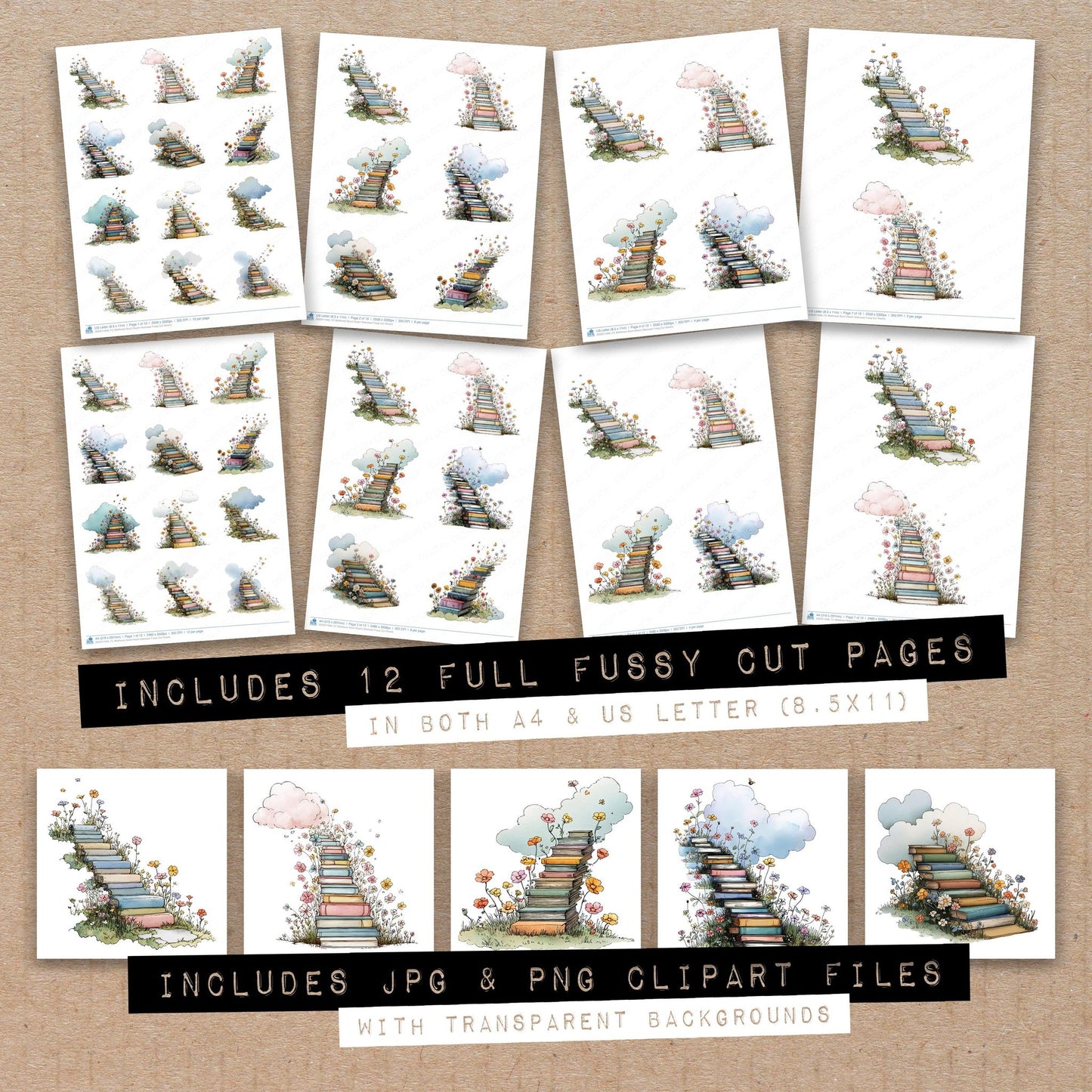 Full collection view of Wildflower Book Dream Staircase fussy cut sheets with bonus clipart JPG and PNG files