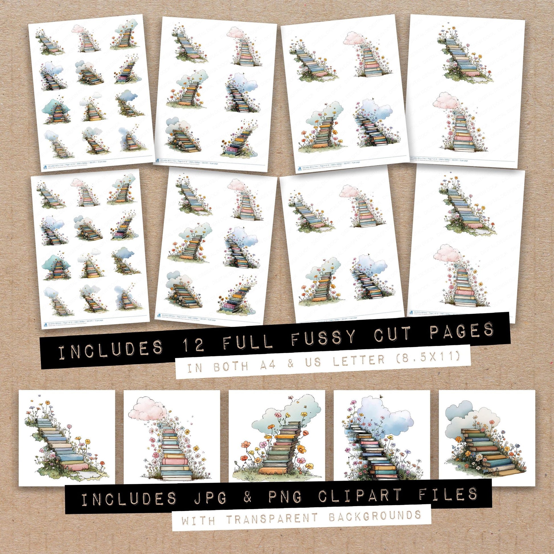 Full collection view of Wildflower Book Dream Staircase fussy cut sheets with bonus clipart JPG and PNG files
