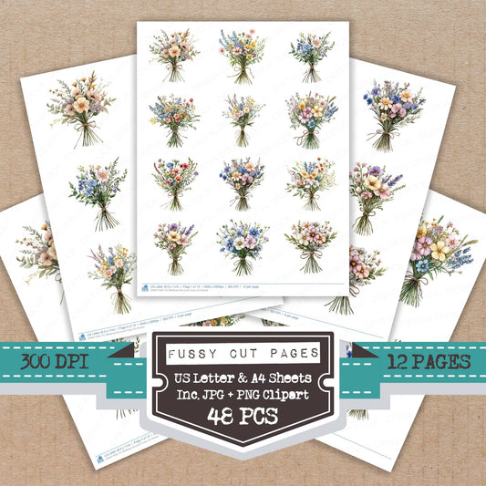 Wildflower Bouquet fussy cut printable sheets for junk journaling, scrapbooking, and paper craft projects