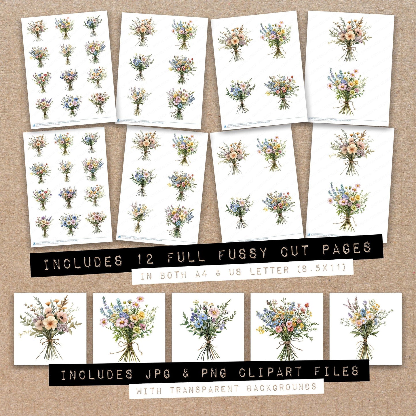 Full collection view of Wildflower Bouquet fussy cut sheets with bonus clipart JPG and PNG files