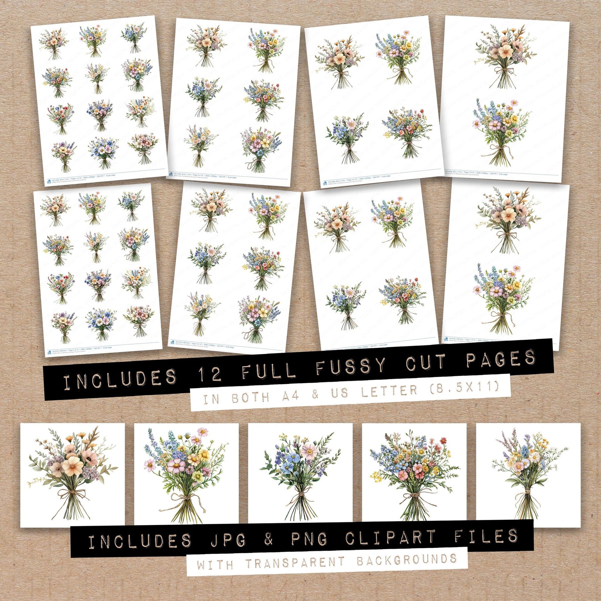 Full collection view of Wildflower Bouquet fussy cut sheets with bonus clipart JPG and PNG files