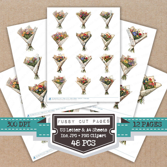 Wildflower Bouquet in Newspaper fussy cut printable sheets for junk journaling, scrapbooking, and paper craft projects
