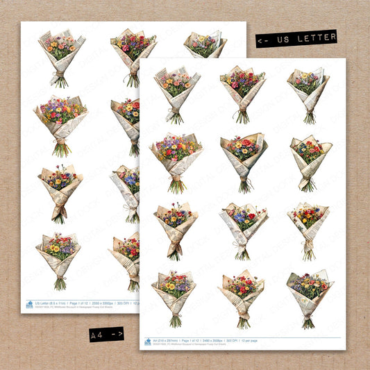 A4 and US Letter format comparison showing Wildflower Bouquet in Newspaper fussy cut pages for print and cut crafting