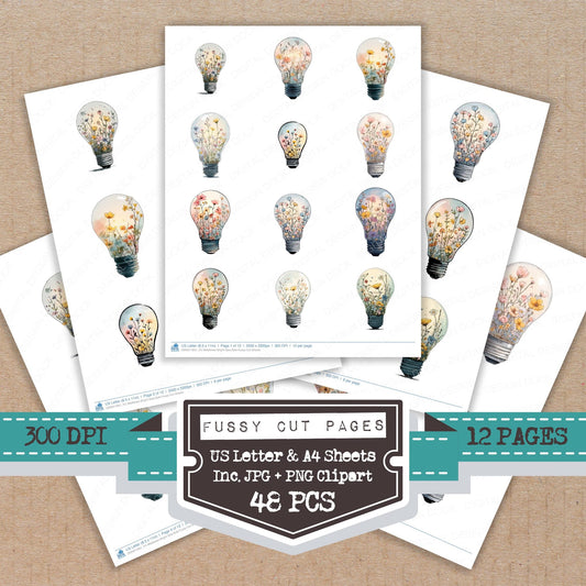 Wildflower Bright Idea Bulb fussy cut printable sheets for junk journaling, scrapbooking, and paper craft projects