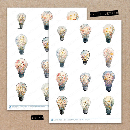 A4 and US Letter format comparison showing Wildflower Bright Idea Bulb fussy cut pages for print and cut crafting