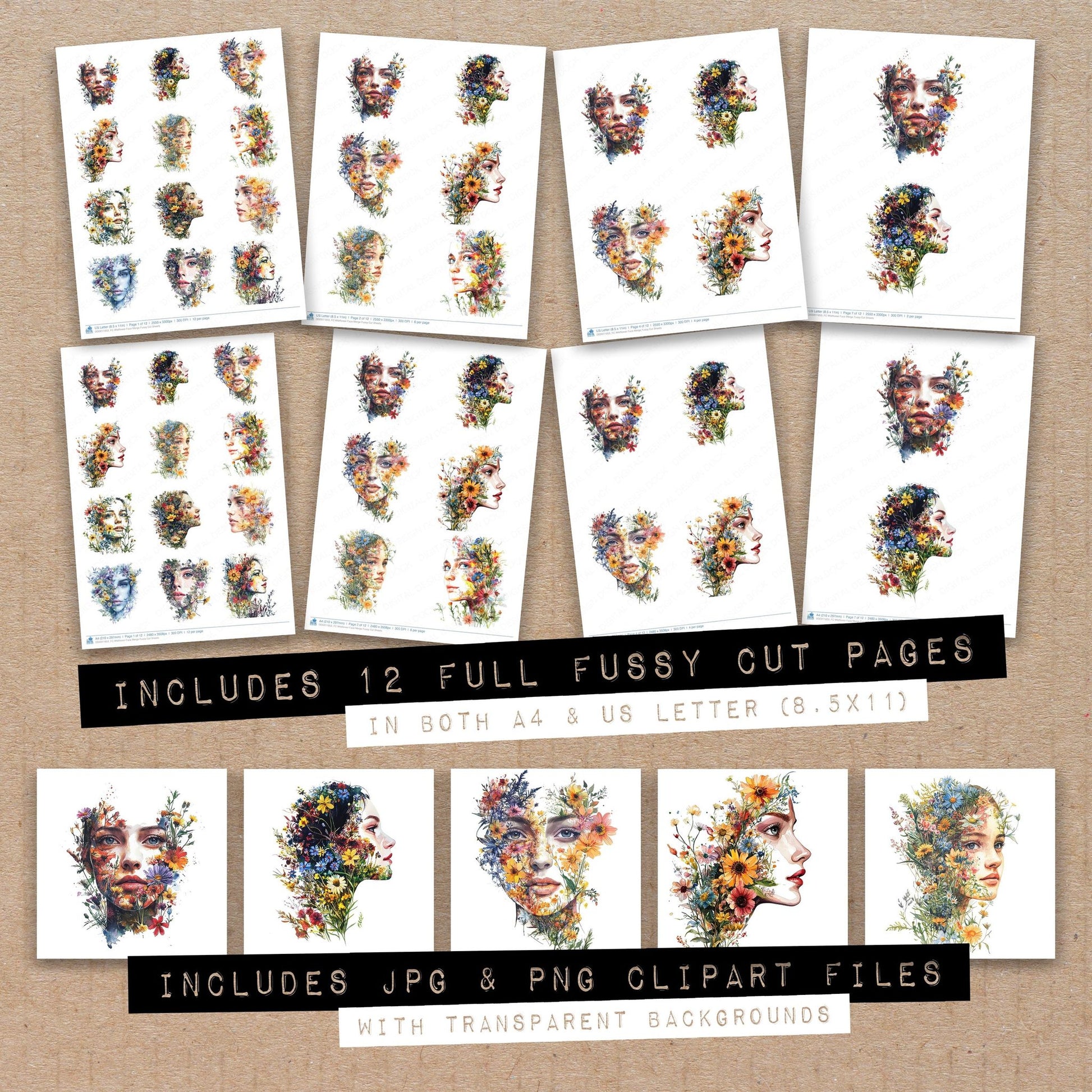 Full collection view of Wildflower Face Merge fussy cut sheets with bonus clipart JPG and PNG files