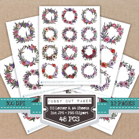 Wildflower Floral Crown fussy cut printable sheets for junk journaling, scrapbooking, and paper craft projects