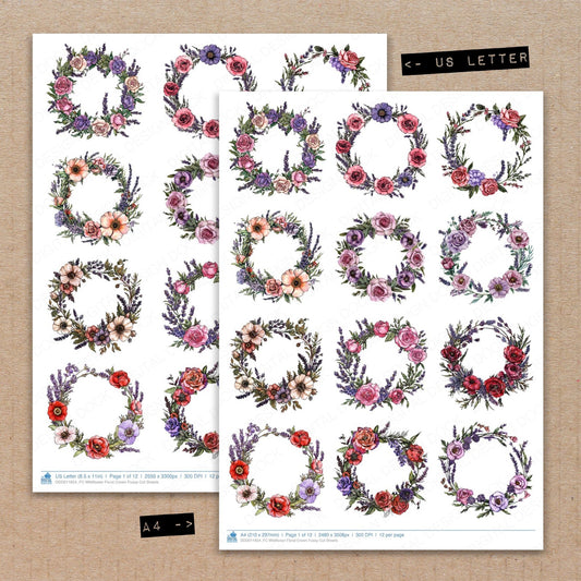 A4 and US Letter format comparison showing Wildflower Floral Crown fussy cut pages for print and cut crafting