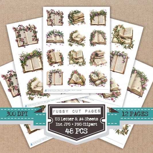 Wildflower Garland on Book fussy cut printable sheets for junk journaling, scrapbooking, and paper craft projects
