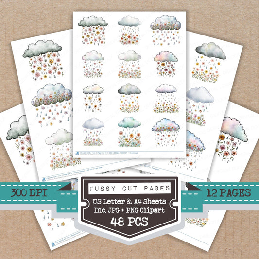 Wildflower Gentle Rain Cloud fussy cut printable sheets for junk journaling, scrapbooking, and paper craft projects