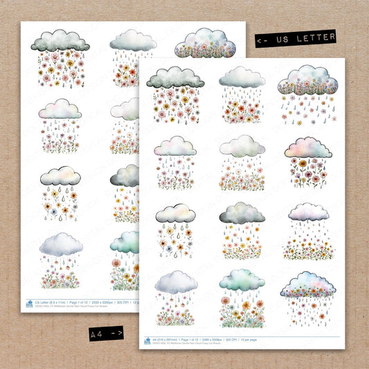 A4 and US Letter format comparison showing Wildflower Gentle Rain Cloud fussy cut pages for print and cut crafting