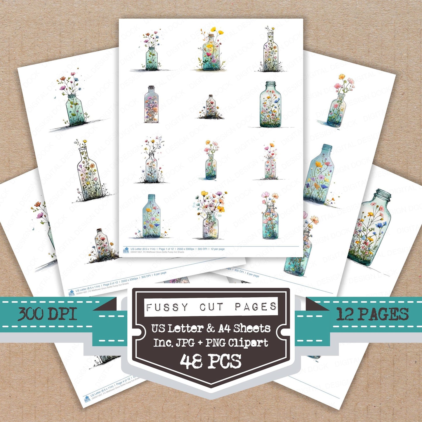 Wildflower Glass Bottle fussy cut printable sheets for junk journaling, scrapbooking, and paper craft projects