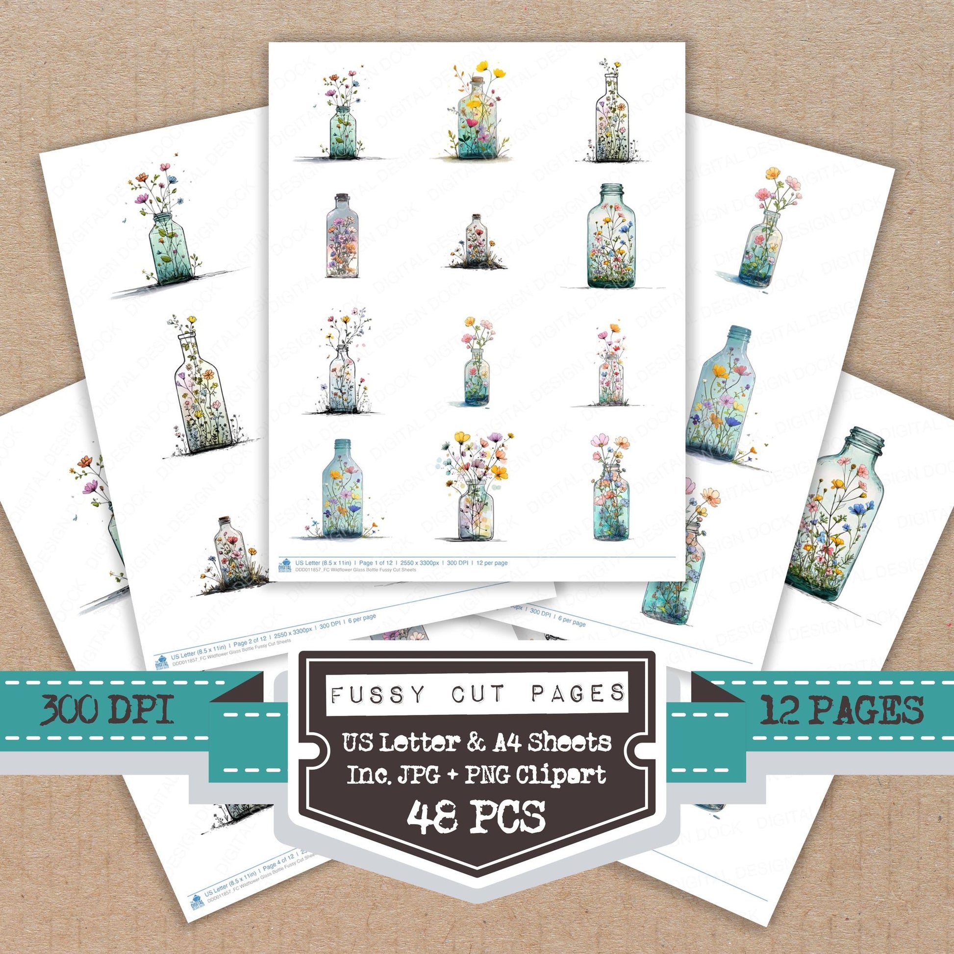 Wildflower Glass Bottle fussy cut printable sheets for junk journaling, scrapbooking, and paper craft projects
