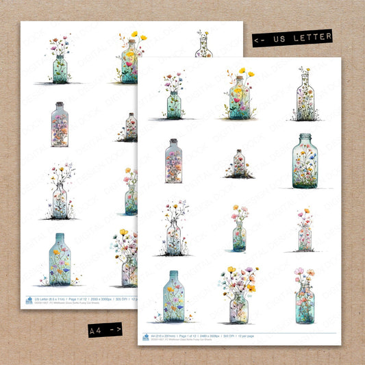 A4 and US Letter format comparison showing Wildflower Glass Bottle fussy cut pages for print and cut crafting