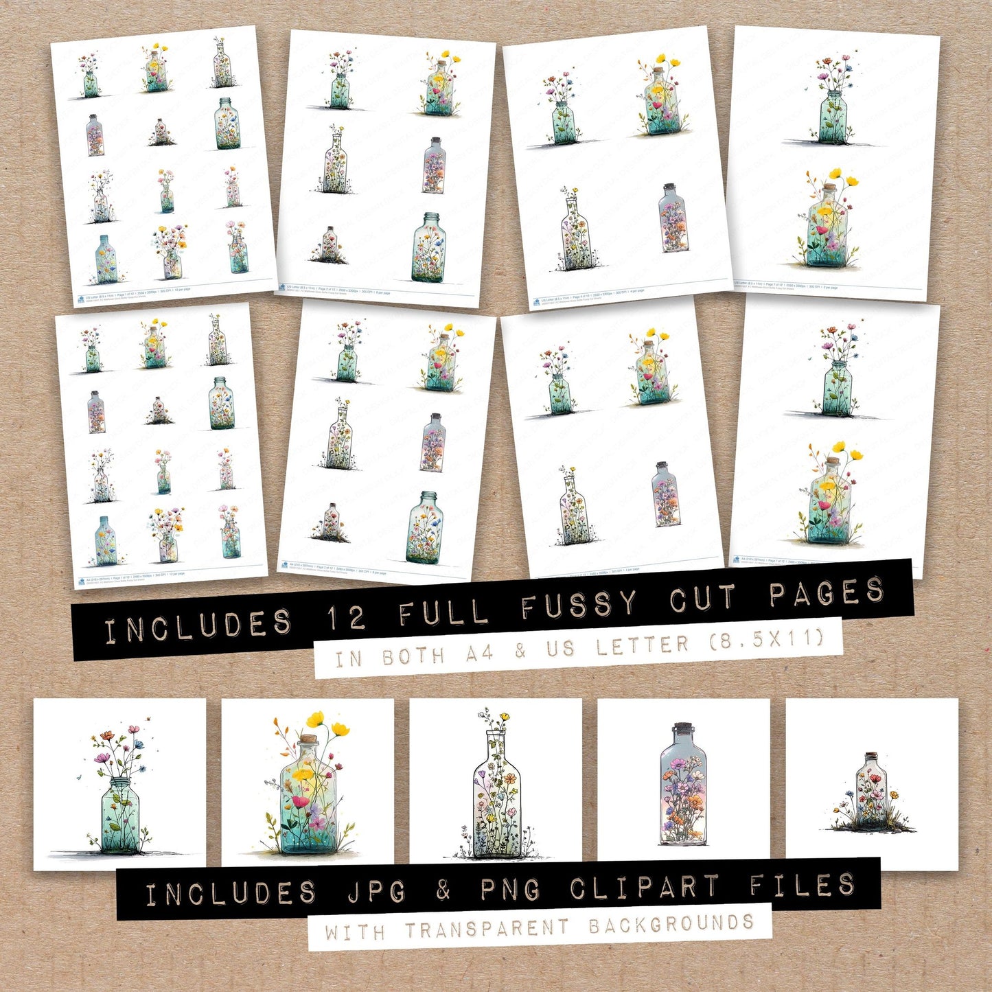Full collection view of Wildflower Glass Bottle fussy cut sheets with bonus clipart JPG and PNG files