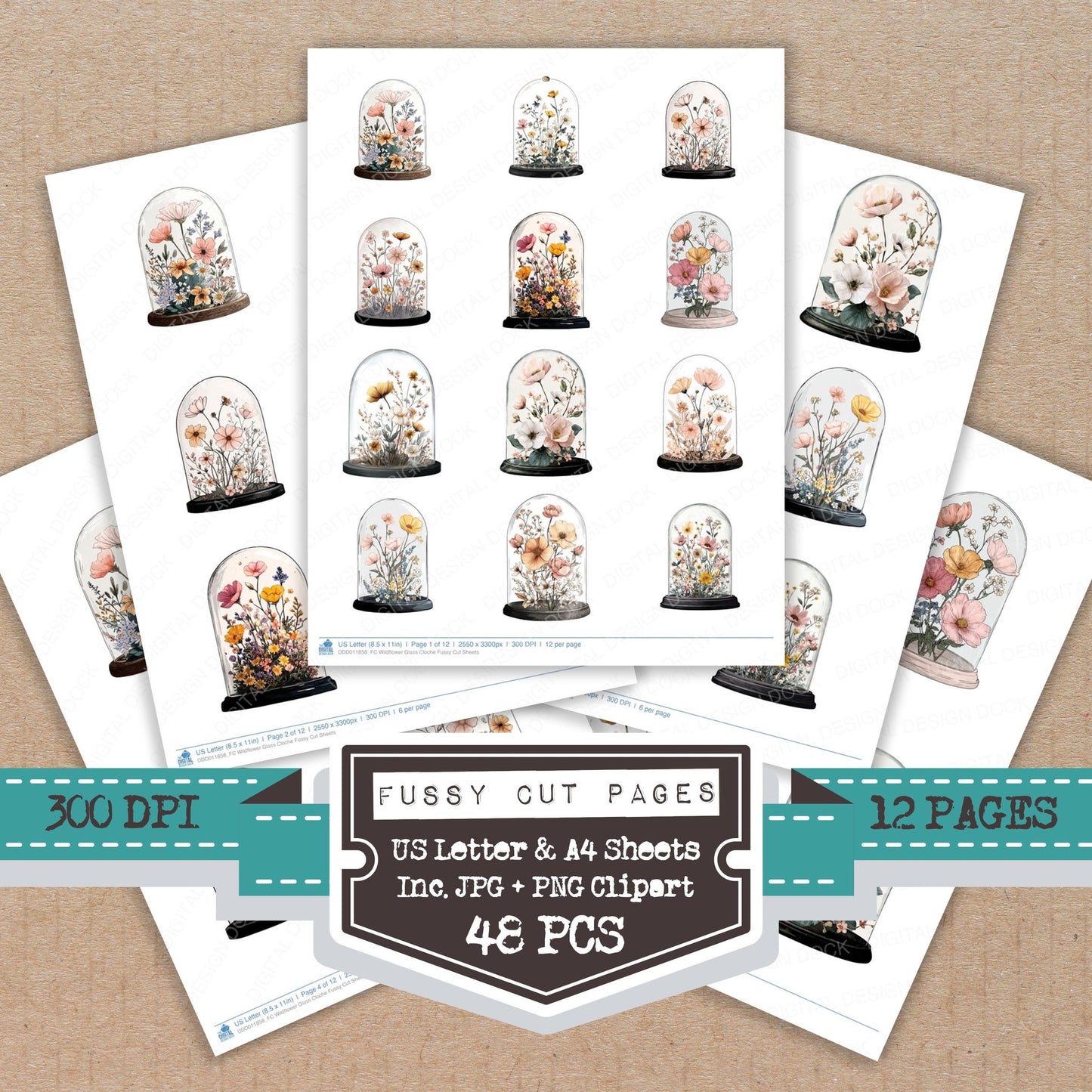 Wildflower Glass Cloche fussy cut printable sheets for junk journaling, scrapbooking, and paper craft projects