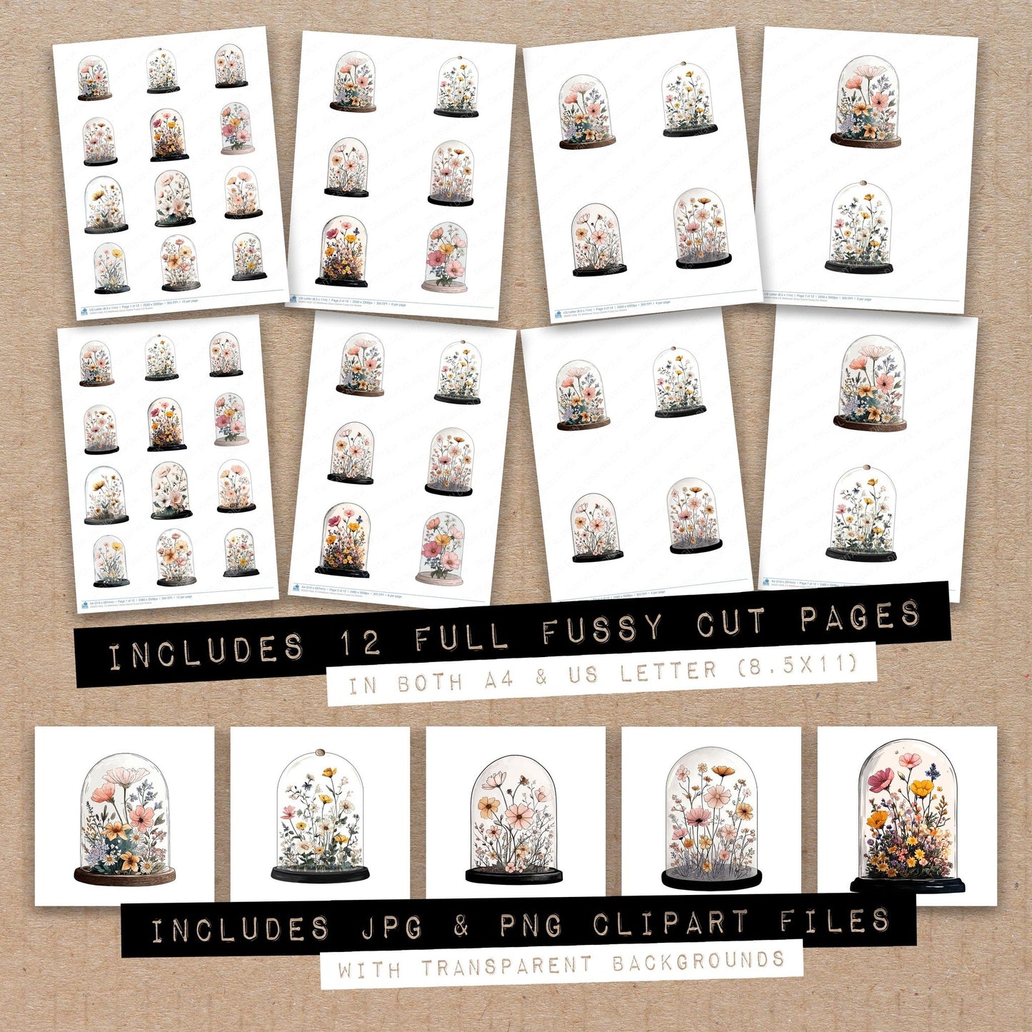 Full collection view of Wildflower Glass Cloche fussy cut sheets with bonus clipart JPG and PNG files