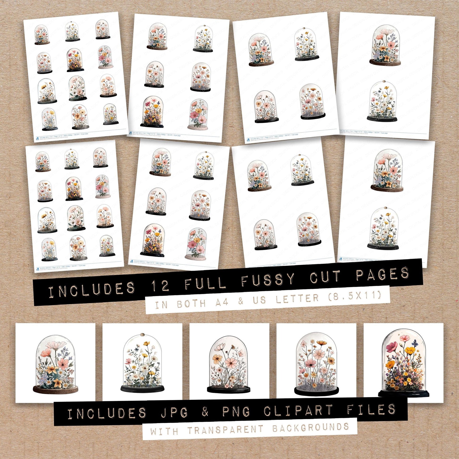 Full collection view of Wildflower Glass Cloche fussy cut sheets with bonus clipart JPG and PNG files