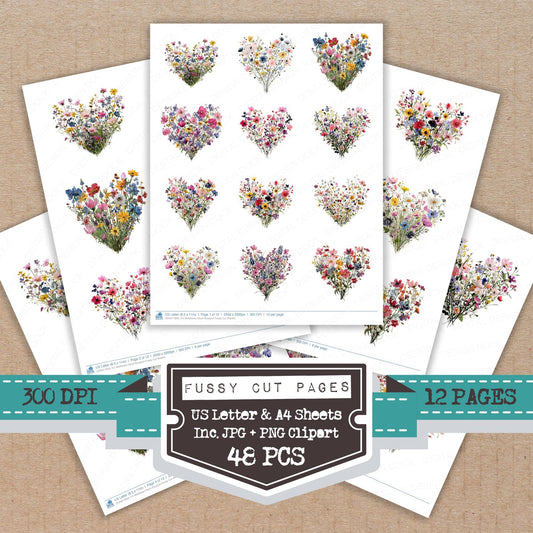 Wildflower Heart Bouquet fussy cut printable sheets for junk journaling, scrapbooking, and paper craft projects