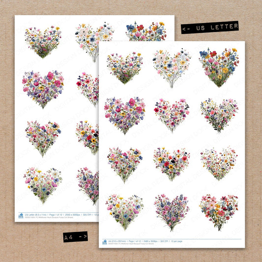 A4 and US Letter format comparison showing Wildflower Heart Bouquet fussy cut pages for print and cut crafting