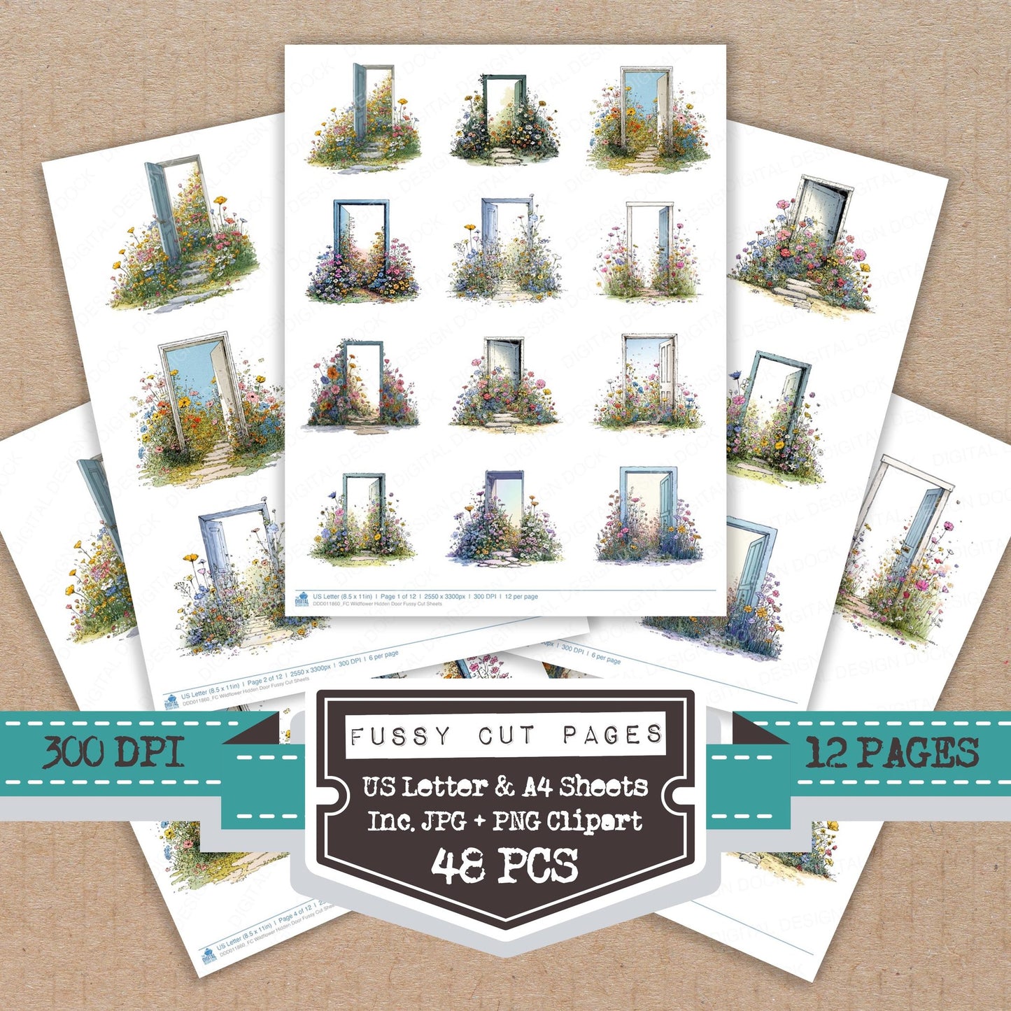 Wildflower Hidden Door fussy cut printable sheets for junk journaling, scrapbooking, and paper craft projects