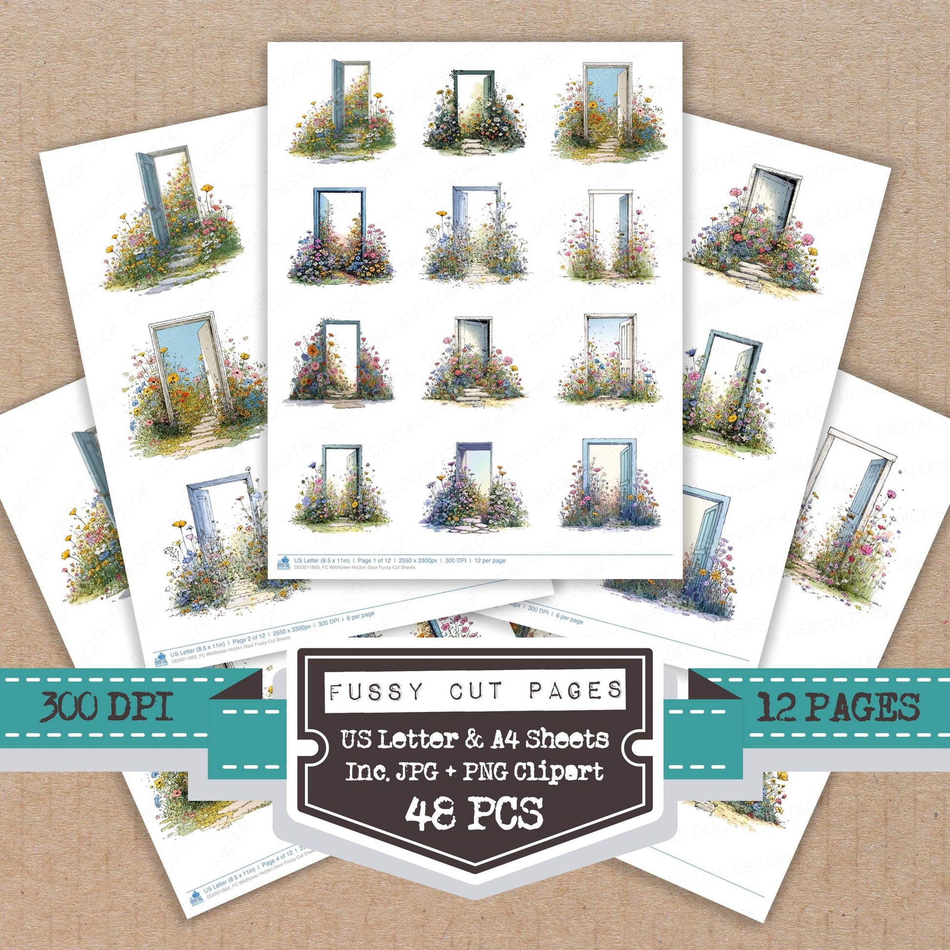 Wildflower Hidden Door fussy cut printable sheets for junk journaling, scrapbooking, and paper craft projects