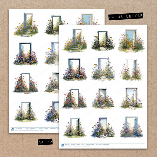 A4 and US Letter format comparison showing Wildflower Hidden Door fussy cut pages for print and cut crafting