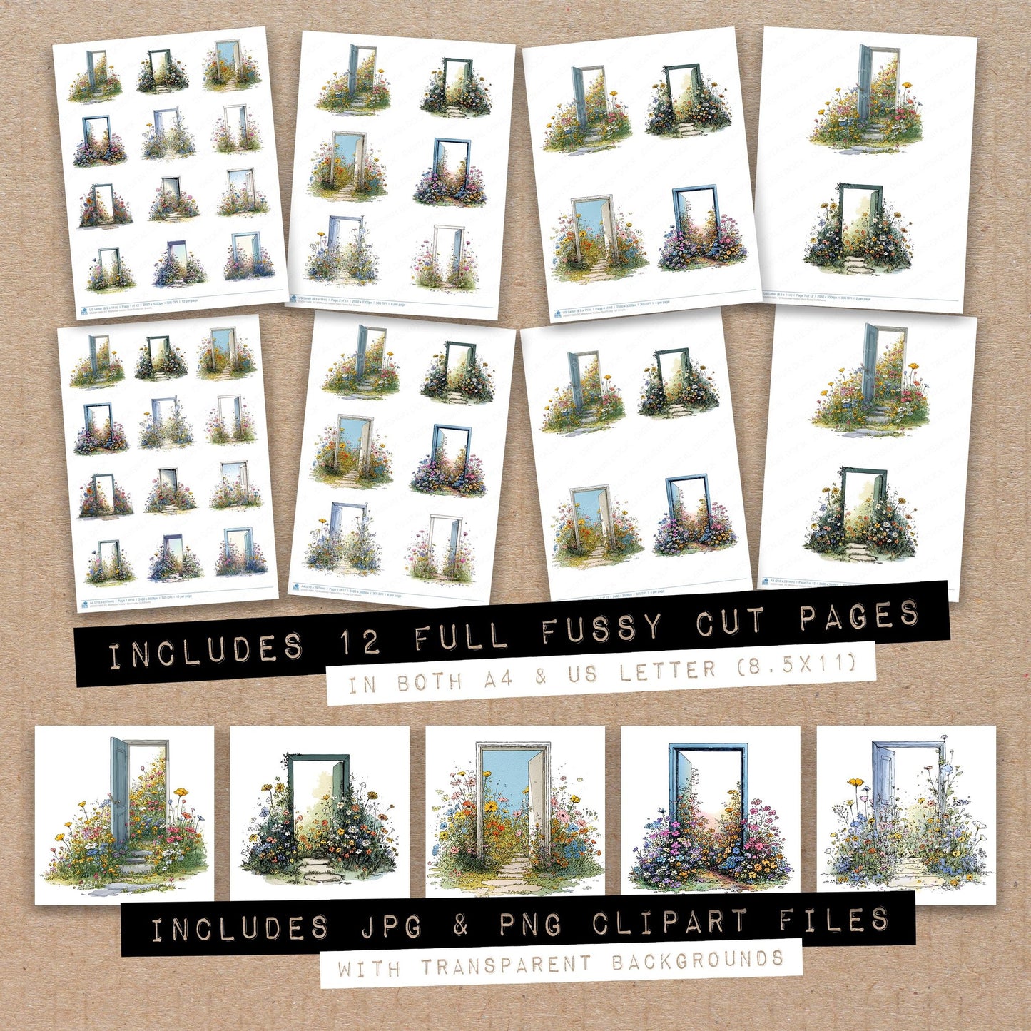 Full collection view of Wildflower Hidden Door fussy cut sheets with bonus clipart JPG and PNG files