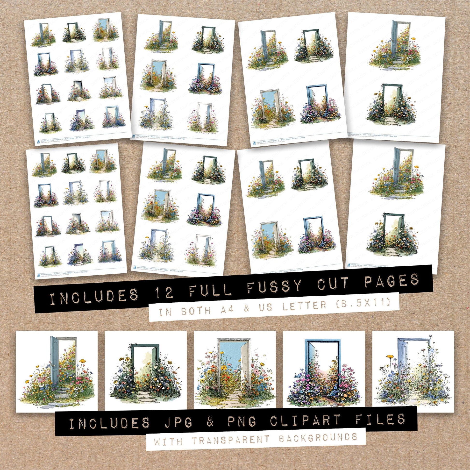 Full collection view of Wildflower Hidden Door fussy cut sheets with bonus clipart JPG and PNG files