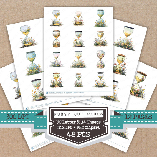 Wildflower Hourglass Time fussy cut printable sheets for junk journaling, scrapbooking, and paper craft projects