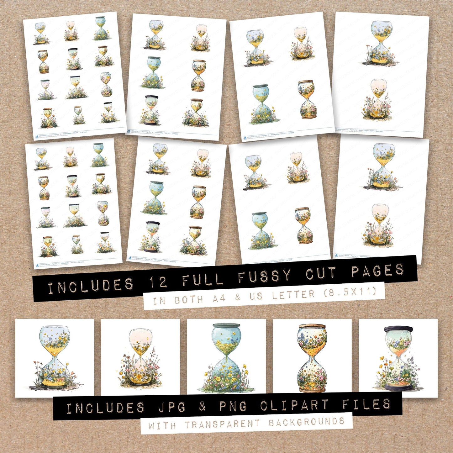 Full collection view of Wildflower Hourglass Time fussy cut sheets with bonus clipart JPG and PNG files